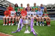 30 June 2008; At the TG4 All-Ireland Ladies Football Championship Launch were back row, from left, Michaela Downey, Down, Marie Devenny, Donegal, Grainne Ni Fhlathachta, Kerry, Maria Hoey, Galway, Irene Munnelly, Meath and Bernie Deegan, Laois. Front row, from left, Maeve Moriarity, Armagh, Gemma Begley, Tyrone, Martina Keane, Sligo, Angela Walsh, Cork, Niamh Kindlon, Monaghan, Simone Gilabert, Kildare, Denise Masterson, Dublin and Claire O'Hara, Mayo. Croke Park, Dublin. Photo by Sportsfile