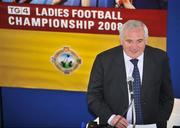 30 June 2008; Bertie Ahern, T.D., speaking at the TG4 All-Ireland Ladies Football Championship Launch. Croke Park, Dublin. Picture credit: Stephen McCarthy / SPORTSFILE