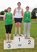 28 June 2008; Winner of the Girls' Hammer Gabby McNally, Craigavon, Armagh, with second place Charlotte O'Farrell, Rosbercon, Wexford, and third place Teresa Conlon, Presentation Secondary School Kilkenny, at the KitKat Tailteann inter provincial track & field final. Morton Stadium, Santry, Dublin. Picture credit: Stephen McCarthy / SPORTSFILE