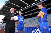 30 June 2008; Bertie Ahern, T.D. with Longford's Alison Smith and Michelle McElvanely, right, at the TG4 All-Ireland Ladies Football Championship Launch. Croke Park, Dublin. Photo by Sportsfile