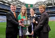 Mayo’s Claire O’Hara and Sligo’s Martina Keane with Pol O'Gallchoir, Ceannasai, TG4 and Geraldine Giles, Uachtaran Cumann Peil Gael na mBan at the TG4 All-Ireland Ladies Football Championship Launch. Croke Park, Dublin. Photo by Sportsfile