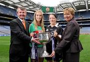 Mayo’s Claire O’Hara and Sligo’s Martina Keane with Pol O'Gallchoir, Ceannasai, TG4 and Geraldine Giles, Uachtaran Cumann Peil Gael na mBan at the TG4 All-Ireland Ladies Football Championship Launch. Croke Park, Dublin. Photo by Sportsfile