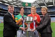 30 June 2008; Kerry's Grainne Ni Fhlathachta and Cork's Angela Walsh with Pol O'Gallchoir, Ceannasai, TG4 and Geraldine Giles, Uachtaran Cumann Peil Gael na mBan at the TG4 All-Ireland Ladies Football Championship Launch. Croke Park, Dublin. Photo by Sportsfile