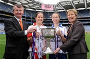 30 June 2008; Tyrone's Gemma Begley and Monaghan's Niamh Kindlon with Pol O'Gallchoir, Ceannasai, TG4 and Geraldine Giles, Uachtaran Cumann Peil Gael na mBan at the TG4 All-Ireland Ladies Football Championship Launch. Croke Park, Dublin. Photo by Sportsfile