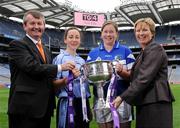 30 June 2008; Dublin's Denise Masterson and Laois' Bernie Deegan with Pol O'Gallchoir, Ceannasai, TG4 and Geraldine Giles, Uachtaran Cumann Peil Gael na mBan at the TG4 All-Ireland Ladies Football Championship Launch. Croke Park, Dublin. Photo by Sportsfile