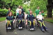 2 July 2008; The Irish team for the 2008 Paralympic Games in Beijing was officially announced at an event today. Forty five elite athletes across nine sports will represent Ireland at the Beijing Games which get underway on September 6th and run for twelve days. The Paralympic Games are elite Olympic style sports events for elite athletes with physical disabilities, or visual impairment, emphasising athletic achievement rather than disability. At the announcement are athletes, front row from left, Patrice Dockery, 100m, 200m, & 400m, Eimear Breathnach, Table Tennis, Richard Whealey, Sailing, Padraic Moran, Boccia, back row from left, Lisa Callaghan, Javelin, Cathal Miller, Cycling, Jonathan Cummings, Swimming, Sean Heary, Archery, Jason Smyth, 100m & 200m, and Eilish Byrne, Equestrian. Conrad Hotel, Dublin. Picture credit: Brian Lawless / SPORTSFILE