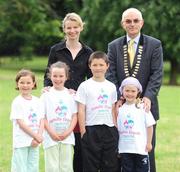 2 July 2008; Mary Coughlan CEO of Athletics Ireland, Liam Hennessey, Presedent of Athletics Ireland with from left Ellie Brady, Age 6, Lia Brady, Age 9, Cian May, Age 7, and Caoimhe May, Age 5, at the Launch of Athletics Ireland Family Fitness Festival. Farmleigh, Phoenix Park, Dublin. For more information visit www.familyfitnessfestival.ie. Picture credit: Matt Browne / SPORTSFILE