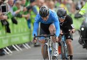 24 May 2015; Damien Shaw, Team Asea, followed by Luke Mudgway, New Zealand National Team, make their way through Skerries to begin their final lap during Stage 8 of the 2015 An Post Rás. Drogheda - Skerries. Photo by Sportsfile