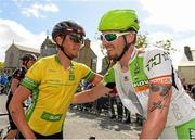 24 May 2015; Lukas Postlberger, left, Tirol Cycling Team, with stage winner Aidis Kruopis, An Post Chain Reaction, after he retained the yellow jersey following Stage 8 of the 2015 An Post Rás. Drogheda - Skerries. Photo by Sportsfile