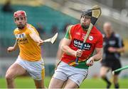24 May 2015; John Michael Nolan, Carlow, in action against Simon McCrory, Antrim. Leinster GAA Hurling Senior Championship Qualifier Group, Round 3, Carlow v Antrim. Dr Cullen Park, Carlow. Picture credit: Matt Browne / SPORTSFILE