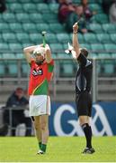24 May 2015; Martin Kavanagh, Carlow, is sent off by referee Cathal McAllister. Leinster GAA Hurling Senior Championship Qualifier Group, Round 3, Carlow v Antrim. Dr Cullen Park, Carlow. Picture credit: Matt Browne / SPORTSFILE