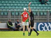 24 May 2015; Martin Kavanagh, Carlow, is sent off by referee Cathal McAllister. Leinster GAA Hurling Senior Championship Qualifier Group, Round 3, Carlow v Antrim. Dr Cullen Park, Carlow. Picture credit: Matt Browne / SPORTSFILE