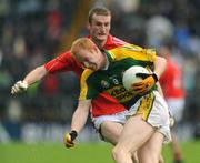 6 July 2008; Seamus Scanlon, Kerry, is tackled by Nicholas Murphy, Cork. Murphy was subsequently shown a second yellow card and sent off by referee Derek Fahy. GAA Football Munster Senior Championship Final, Kerry v Cork, Pairc Ui Chaoimh, Cork. Picture credit: Brendan Moran / SPORTSFILE