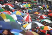 6 July 2008; A general view of the spectors with umbrellas in the uncovered stand during the match. GAA Football Munster Senior Championship Final, Kerry v Cork, Pairc Ui Chaoimh, Cork. Picture credit: Stephen McCarthy / SPORTSFILE