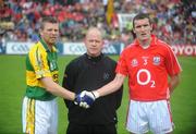 6 July 2008; Referee Derek Fahy with Kerry captain Tomas O'Se and Cork captain Graham Canty. GAA Football Munster Senior Championship Final, Kerry v Cork, Pairc Ui Chaoimh, Cork. Picture credit: Stephen McCarthy / SPORTSFILE
