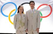 8 July 2008; Athlete Fionnuala Britton and cyclist Philip Deignan at the unveiling by the Olympic Council of Ireland, of the Irish team uniform for the 2008 Summer Olympic Games in Beijing. In conjunction with the Irish Olympic team sponsor, Penneys, designer John Rocha created a design that marries elements of his Chinese heritage with his desire to present a positive, uplifting image for his adopted home, Ireland, at the world's greatest sporting spectacle. Merrion Hotel, Dublin. Picture credit: Brendan Moran / SPORTSFILE