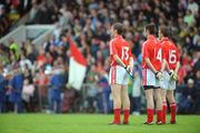 6 July 2008; The Cork full-forward line Daniel Goulding, 13, Donncha O'Connor, 14, and John Hayes, 15, stand for the National Anthem before the game. GAA Football Munster Senior Championship Final, Kerry v Cork, Pairc Ui Chaoimh, Cork. Picture credit: Stephen McCarthy / SPORTSFILE