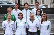 10 July 2008; Members of the Irish Olympic team, back from left, Austin O'Connor, Niall Griffin, and Geoff Curran, all Eventing, centre, from left, Sasha Pemble, Eventing and Siobhan Byrne, Fencing, and front, from left, Emma Davis, Triathlon, Patricia Ryan, Eventing, Louise Lyons, Eventing and Aisling Cooney, Swimming, at the announcement of the Irish Olympic team for the forthcoming Summer Olympic Games in Beijing. Conrad Hotel, Dublin. Picture credit: Brendan Moran / SPORTSFILE