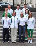 10 July 2008; Members of the Irish Olympic team, back from left, Austin O'Connor, Niall Griffin, and Geoff Curran, all Eventing, centre, from left, Sasha Pemble, Eventing and Siobhan Byrne, Fencing, and front, from left, Emma Davis, Triathlon, Patricia Ryan, Eventing, Louise Lyons, Eventing and Aisling Cooney, Swimming, at the announcement of the Irish Olympic team for the forthcoming Summer Olympic Games in Beijing. Conrad Hotel, Dublin. Picture credit: Brendan Moran / SPORTSFILE