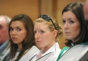 10 July 2008; Irish olympians, from left, Aisling Cooney, Swimming, Emma Davis, Triathlon, and Siobhan Byrne, Fencing, at the announcement of the Irish Olympic team for the forthcoming Summer Olympic Games in Beijing. Conrad Hotel, Dublin. Picture credit: Brendan Moran / SPORTSFILE