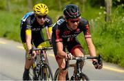 22 May 2015; Eventual stage winner Ian Bibby, NFTO, being followed by Edward Laverack, JLT Condor, during Stage 6 of the 2015 An Post Rás. Ballina - Ballinamore. Photo by Sportsfile