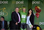 22 May 2015; Aaron Gate, An Post Chain reaction, after receiving the Post Office Sprint Jersey Classification from Miss An Post Sinead Flynn and Peter Gillespie, Reatil Operations Manager, An Post, following Stage 6 of the 2015 An Post Rás. Ballina - Ballinamore. Photo by Sportsfile