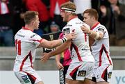 22 May 2015; Ulster's Chris Henry celebrates with team-mates Craig Gilroy, left, and Paddy Jackson, right, after scoring his side's try. Guinness PRO12 Play-Off, Glasgow Warriors v Ulster, Scotstoun Stadium, Glasgow, Scotland. Picture credit: Craig Williamson / SPORTSFILE