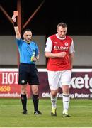22 May 2015; Referee Neil Doyle shows a red card to St Patrick's Athletic's Kenny Browne. SSE Airtricity League Premier Division, St Patrick's Athletic v Dundalk, Richmond Park, Dublin. Picture credit: David Maher / SPORTSFILE
