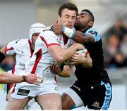 22 May 2015; Tommy Bowe, Ulster, is tackled by Niko Matawalu, Glasgow Warriors. Guinness PRO12 Play-Off, Glasgow Warriors v Ulster, Scotstoun Stadium, Glasgow, Scotland. Picture credit: Craig Williamson / SPORTSFILE