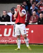 22 May 2015; Christy Fagan, St Patrick's Athletic, areacts after a missed chance on goal. SSE Airtricity League Premier Division, St Patrick's Athletic v Dundalk, Richmond Park, Dublin. Picture credit: David Maher / SPORTSFILE