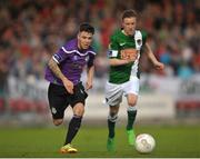 22 May 2015; Brandon Miele, Shamrock Rovers, in action against Kevin O'Connor, Cork City. SSE Airtricity League Premier Division, Cork City v Shamrock Rovers, Turners Cross, Cork. Picture credit: Eoin Noonan / SPORTSFILE