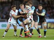 22 May 2015; Darren Cave, Ulster, is tackled by Finn Russell and Tommy Seymour, Glasgow Warriors. Guinness PRO12 Play-Off, Glasgow Warriors v Ulster, Scotstoun Stadium, Glasgow, Scotland. Picture credit: John Dickson / SPORTSFILE