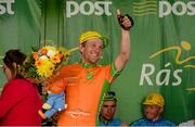 23 May 2015; Andreas Mueller, Hrinkow Advarics Cycling, celebrates on stage after victory in Stage 7 of the 2015 An Post Rás. Ballinamore - Drogheda. Photo by Sportsfile