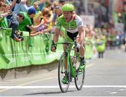 23 May 2015; Andreas Mueller, Hrinkow Advarics Cycling, crosses the line to win Stage 7 of the 2015 An Post Rás. Ballinamore - Drogheda. Photo by Sportsfile