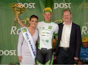 23 May 2015; Ryan Mullen, An Post Chain Reaction after receiving the The Irish Sports Council U23 White Jersey Classification from Miss An Post Rás Niamh Bidwell and Dom Gradwell, Louth LSP board member, following Stage 7 of the 2015 An Post Rás. Ballinamore - Drogheda. Photo by Sportsfile