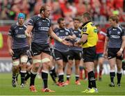 23 May 2015; Ospreys captain Alun Wyn Jones appeals to referee Nigel Owens after his side's late try was disallowed. Guinness PRO12 Play-Off, Munster v Ospreys. Thomond Park, Limerick.  Picture credit: Brendan Moran / SPORTSFILE