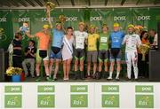23 May 2015; Miss An Post Rás Niamh Bidwell with, from left: LeasePlan Stage Jersey winner Andreas Mueller, Hrinkow Advarics Cycleangteam; One Direct County Jersey winner Ian Richardson, UCD; Irish Sports Council U23 White Jersey Classification winner Ryan Mullen; An Post Rás Yellow Jersey Classification winner Lukas Postlberger; Post Office Sprint Jersey Classification winner Aaron Gate; 1st county rider home and 2nd in the stage Damien Shaw, Team Asea; and 3rd across the line Daniel Aurelien, Team Pays De Dinan, following Stage 7 of the 2015 An Post Rás. Ballinamore - Drogheda. Photo by Sportsfile