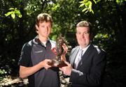 8 July 2008; Cork City's Dave Mooney is presented with the eircom Soccer Writers Association of Ireland Player of the Month Award for June by eircom sponsorship manager Dennis Cousins. Merrion Square, Dublin. Picture credit: Ray McManus / SPORTSFILE