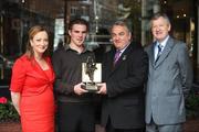 9 July 2008; Fermanagh footballer Eamonn Maguire is presented with his Vodafone GAA All Stars Player of the Month award for June by by GAA President Nickey Brennan, Ard Stiurthoir Paraic Duffy, right, and Rosemary Steen, Director of Corporate Affairs, Vodafone. Also honoured was Clare hurler Brian O'Connell. Westbury Hotel, Dublin. Picture credit: Stephen McCarthy / SPORTSFILE