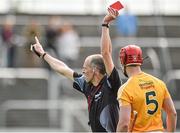 24 May 2015; Simon McCrory, Antrim, is sent off by referee Cathal McAllister. Leinster GAA Hurling Senior Championship Qualifier Group, Round 3, Carlow v Antrim. Dr Cullen Park, Carlow. Picture credit: Matt Browne / SPORTSFILE
