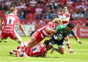 24 May 2015; Bundee Aki, Connacht, is tackled by Bill Meakes and Greig Laidlaw, Gloucester. Champions Cup Qualification Play-Off, Gloucester v Connacht. Kingsholm, Gloucester, England. Picture credit: Matt Impey / SPORTSFILE