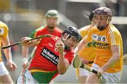 24 May 2015; Sean Murphy, Carlow, in action against Eoghan Campbell and Conor McKinley, Antrim. Leinster GAA Hurling Senior Championship Qualifier Group, Round 3, Carlow v Antrim. Dr Cullen Park, Carlow. Picture credit: Matt Browne / SPORTSFILE
