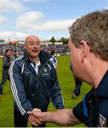 24 May 2015; Malachy O'Rourke, Monaghan manager, and Terry Hyland, Cavan manager, exchange handshakes after the game. Ulster GAA Football Senior Championship Quarter-Final, Cavan v Monaghan. Kingspan Breffni Park, Cavan. Picture credit: Oliver McVeigh / SPORTSFILE