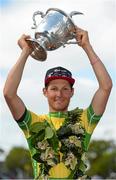 24 May 2015; Lukas Postlberger, Tirol Cycling Team, celebrates with the George Plant trophy following Stage 8 of the 2015 An Post Rás. Drogheda - Skerries. Photo by Sportsfile