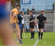 24 May 2015; Referee Colm Lyons speaks to Clare manager Davy fitzgerald during the first half. Munster GAA Hurling Senior Championship Quarter-Final, Clare v Limerick. Semple Stadium, Thurles, Co. Tipperary. Picture credit: Ray McManus / SPORTSFILE