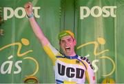 24 May 2015; Ian Richardson, UCD, celebrates winning the One Direct County Jersey, awarded to the best rider overall from an Irish county team, following Stage 8 of the 2015 An Post Rás. Drogheda - Skerries. Photo by Sportsfile