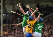 24 May 2015; Seamus Hickey, left, and Gavin O'Mahony, Limerick, in action against Bobby Duggan, Clare. Munster GAA Hurling Senior Championship Quarter-Final, Clare v Limerick. Semple Stadium, Thurles, Co. Tipperary. Picture credit: Ray McManus / SPORTSFILE