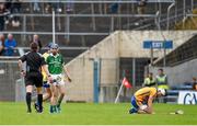 24 May 2015; Limerick substitute Sean Tobin about to be shown a red card by referee Colm Lyons. Munster GAA Hurling Senior Championship Quarter-Final, Clare v Limerick. Semple Stadium, Thurles, Co. Tipperary. Picture credit: Ray McManus / SPORTSFILE