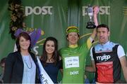 24 May 2015; Aaron Gate, An Post Chain reaction, after receiving the Post Office Sprint Jersey Classification and the Kieran McMahon trophy from Miss An Post Rás Aisling Halpin, Bronagh O'Sullivan and Paul Deans, Skerries Organiser, following Stage 8 of the 2015 An Post Rás. Drogheda - Skerries. Photo by Sportsfile
