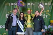 24 May 2015; Lukas Postlberger, Tirol Cycling Team, after receiving the An Post Rás Yellow Jersey Classification and the George Plant trophy following Stage 8 from Miss An Post Rás Aisling Halpin, Donal Connell, left, CEO, An Post, and Race Director Tony Campbell, following Stage 8 of the 2015 An Post Rás. Drogheda - Skerries. Photo by Sportsfile